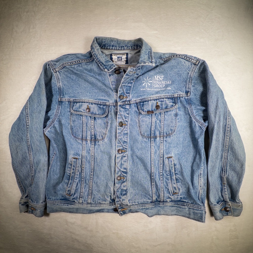 Vintage Lee Denim Jacket MSF Financial Group Embroidered Size Large Light Wash‎